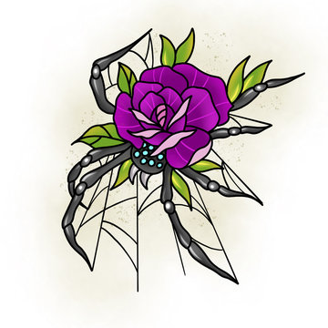 Traditional tattoo rose and spider design. Cartoon illustration, hand drawn style.