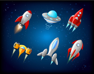 Vector spaceship and UFO vector set in cartoon style. Rocket and spacecraft, futuristic transportation, collection ship illustration