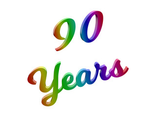 90 Years Anniversary, Holiday Calligraphic 3D Rendered Text Illustration Colored With RGB Rainbow Gradient, Isolated On White Background
