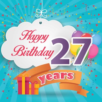 27 th birthday celebration greeting card origami paper art design, birthday party poster background with clouds, balloon, ribbon and gift box full color. twenty seven anniversary celebrations