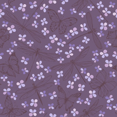 Seamless vector pattern with butterflies and dragonflies on a floral background. Vector illustration.