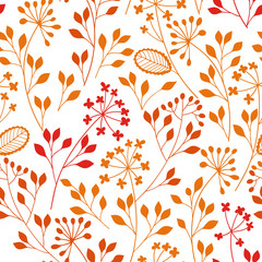 Seamless pattern with colored floral silhouettes on white background. Autumn hand-drawn vector illustration. Floral abstract background.