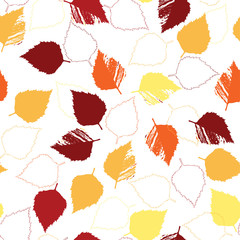 Seamless pattern with outlines and silhouettes of leaves. Autumn hand-drawn vector illustration. Floral background.