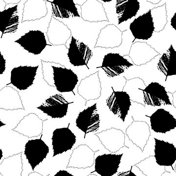 Seamless pattern with outlines and silhouettes of leaves. Black and white hand-drawn vector illustration. Floral background.