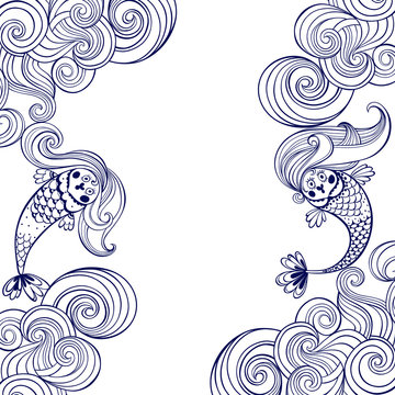 Marine illustration with cartoon mermaids and waves on a white background.