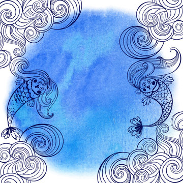 Marine illustration with cartoon mermaids and waves on a blue watercolor background.
