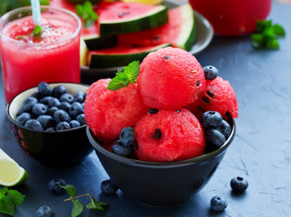 Watermelon. Fruit salad. Fresh and ripe watermelon and melon with mint.