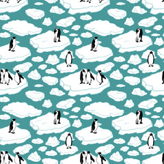 Cartoon hand drawn seamless pattern with penguins and sea ice. Outline polar drift ice with groups of penguins on white background. Lots of symbols and elements. Wild Animal's pattern.
