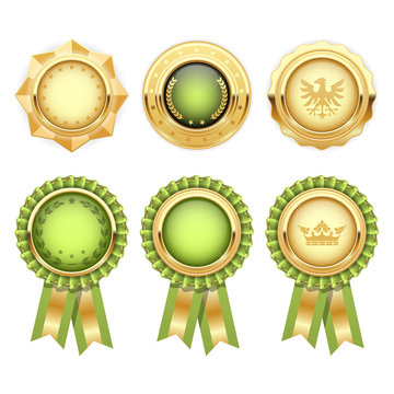 Green award rosettes with gold heraldic medal templates