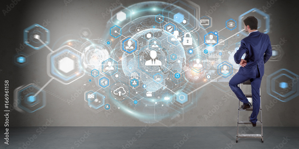 Poster Businessman using social network interface on a wall 3D rendering