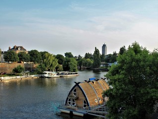 River Erdre and Tour Bretagne in the background in Nantes, Loire Atlantique, Pays de la Loire region, France