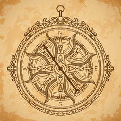 Vintage compass on aged paper background. Hand drawn vector illustration.