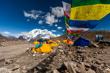 Base camp below Manaslu mountain in highlands of Nepal
