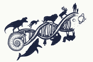 Evolution tattoo. DNA concept. Evolution scale from unicellular organism to mammals. Symbol of science, education, medical technologies. People and animals on DNA chains, surreal t-shirt design