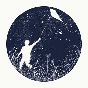 Silhouette boy flying a kite in night sky tattoo. Symbol of dream, happiness, motivation, aspiration, freedom. Boy flies a kite in the universe, t-shirt design