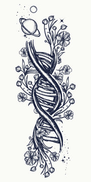 DNA chain and art nouveau flowers tattoo. Symbol of art, science, knowledge, medicine, evolutions, lives and death t-shirt design. DNA and flowers surreal tattoo