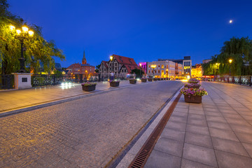 Bridge in Bydgoszcz city over Brda river at night, Poland