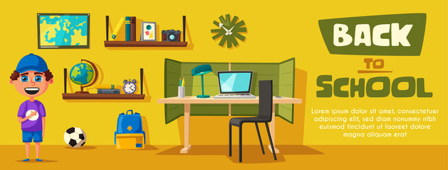 Schoolboy learns lessons at home. Cartoon vector illustration