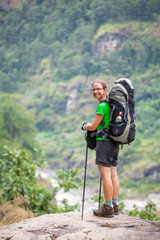 Hiker in highlands of Himalayas on Manaslu circuit
