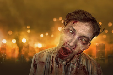 Portrait of asian zombie man with wounded face
