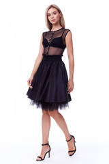 Businesswoman sexy woman pretty face perfect body birthday girl bridesmaid long brunette hair makeup clothes beautiful fashion model wear silk pink short dress for party date office work white.