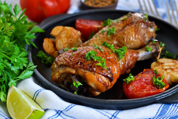 Fototapeta premium Grilled chicken with pesto sauce and vegetables.