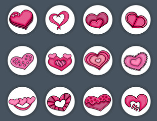 Love hearts hand drawn cartoon sweet elements. Valentine's day concept set of stickers. Vector illustration.