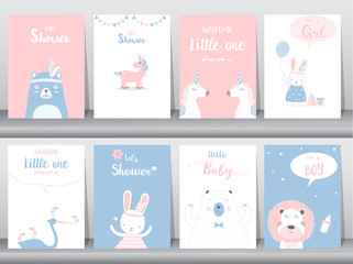 Fototapeta na wymiar Set of baby shower invitations cards, poster, greeting, template, animals, Vector illustrations 