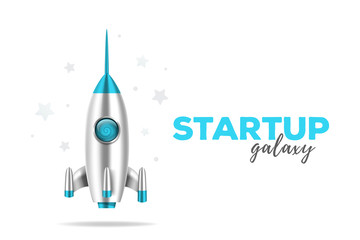3d design of spaceship with stars. Realistic vector illustration of shiny metal space rocket with blue text on white background.