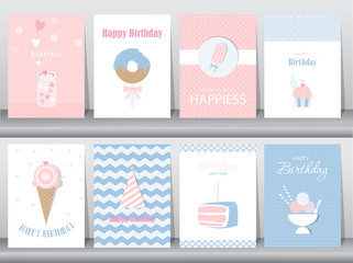 Set of birthday cards,poster,template,greeting cards,cake,ice cream,Vector illustrations