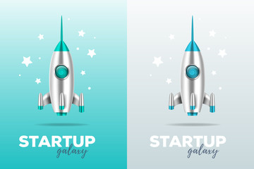 Startup business concept with shuttle. Realistic vector template with two color illustration of shiny metal space rocket with text and stars on gray and blue background.