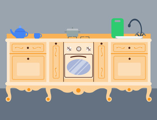 Residential interior of modern kitchen in luxury mansion. House architecture new modern furniture vector illustration.