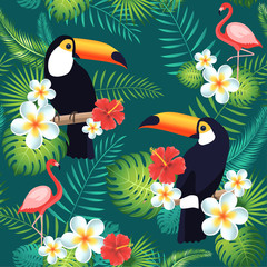 Plakaty  Tropikalny wzór z tukany, flamingi, egzotyczne liście i kwiaty. Ilustracja wektorowa