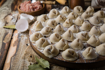 Fototapeta na wymiar Dumplings with meat in process of cooking. Ingredients for cooking. Traditional russian and ukrainian food.
