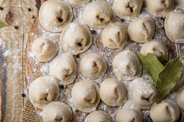 Dumplings with meat in process of cooking. Ingredients for cooking. Traditional russian and ukrainian food.