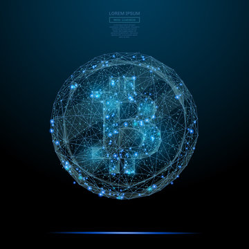 Abstract image of a bitcoin logo in the form of a starry sky or space, consisting of points, lines, and shapes in the form of planets, stars and the universe. Vector coin wireframe concept.