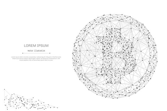 Abstract mash line and point bitcoin on white background with an inscription. Starry sky or space, consisting of stars and the universe. Vector financy illustration