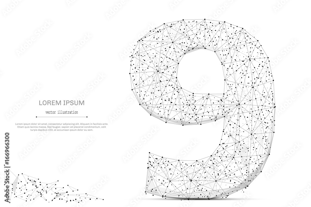 Poster abstract mash line and point number nine on white background with an inscription. starry sky or spac