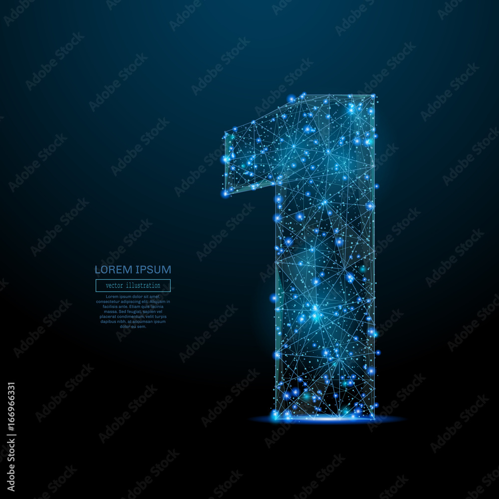 Poster Abstract image of a number one in the form of a starry sky or space, consisting of points, lines, and shapes in the form of planets, stars and the universe. Vector digit 1 wireframe concept.