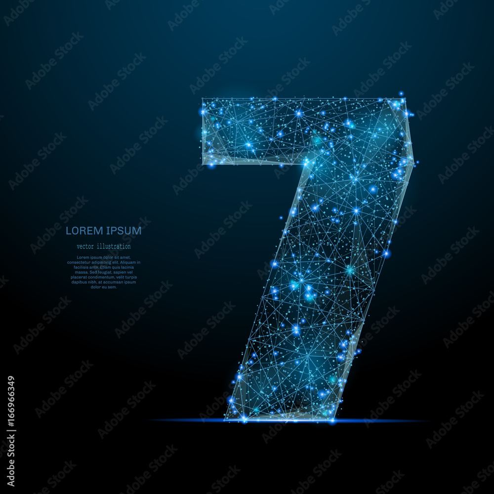 Aufkleber Abstract image of a number seven in the form of a starry sky or space, consisting of points, lines, and shapes in the form of planets, stars and the universe. Vector digit 7 wireframe concept.