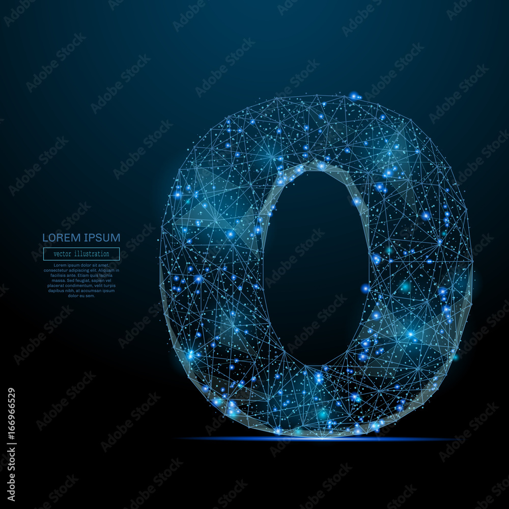 Poster Abstract image of a number zero in the form of a starry sky or space, consisting of points, lines, and shapes in the form of planets, stars and the universe. Vector digit 0 wireframe concept.