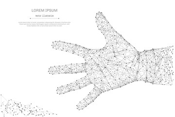 Abstract mash line and point open palm on white background with an inscription. Starry sky or space, consisting of stars and the universe. Vector hand up illustration