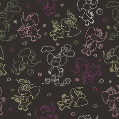 A dark background with contour colored elephants