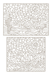 Set of contours of illustrations in style of a stained-glass window with landscapes, the desert with cactuses and the river with mountains 