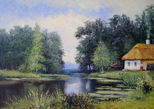 Landscape, pond, river,oil paintings texture, canvas