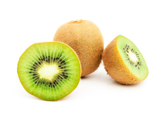 Whole kiwi fruit and his sliced segments on white background