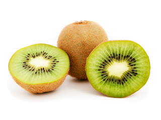 Whole kiwi fruit and his sliced segments on white background