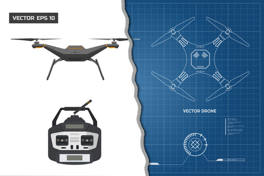 Drawing of drone. Industrial blueprint The control panel. Front, top view. Vector illustration