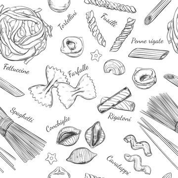 Italian Pasta seamless pattern. Different types of pasta. Vector hand drawn illustration. Isolated objects on white. Sketch style