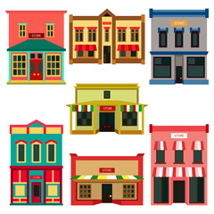 Store shop front window buildings color icon set